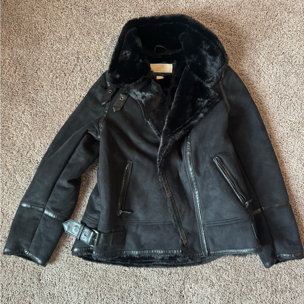 Michael Kors motorcycle Black Suede Jacket with Faux Fur